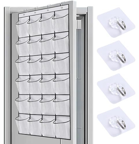 Nadiaen Over Door Shoe Storage Organiser,24 Large Hanging Shoe Storage Overdoor Shoe Rack Mesh Bags Wardrobe Shoe Storage Fabric Deep Pockets for Bedroom, Bathroom, Kitchen, Closet (White)