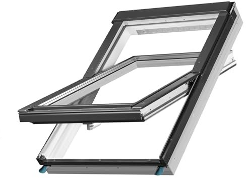 BAUBAY Dachfenster PVC 55x78 cm - Fenster mit 3-fach Verglasung und regulierbarem Lüfter | inkl. Eind. für Ziegel, Ebene Ziegel, Biberschwanz (bis 45 mm) + Dämm- und Anschluss-Set + Dämmrahmen