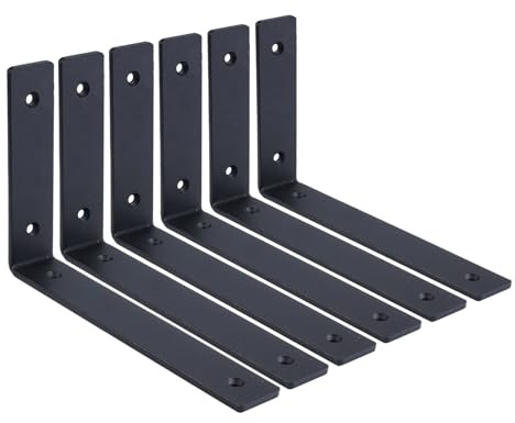 Heavy Duty Shelf Bracket, 5mm Thick Black L Shape 6 Pack 10cm x 15cm | Wall Scaffold Board Shelf Brackets, Metal Wall Brackets for Shelves, (4 x 6)