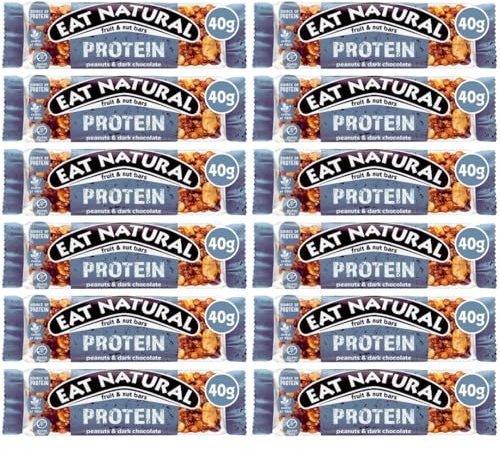 Eat Natural Fruit and Nut Bars Protein Full case Full Flavours 12x40g - Vegan gluten free, source of fibre, yoghurt coating, berries, peanut protein bars (Protein Peanuts & Dark Chocolate)