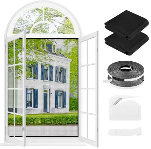 Fliegengitter Fenster ohne Bohren,DIY 150x180cm,2 Stück, Verdicktes Netz,Insektenschutz Fenster mit Klettband+Zuschneider+Presshilfe,Schwarz