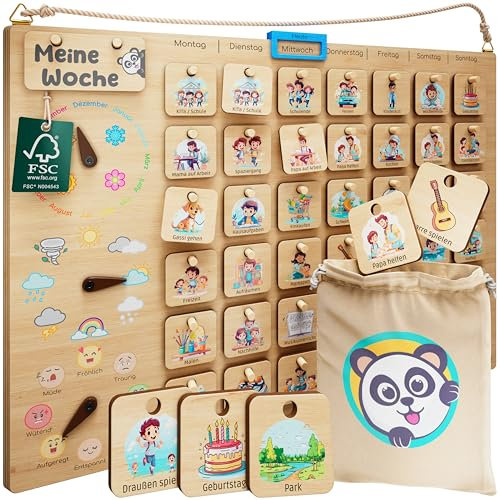 PANDABANDE® Premium Wochenplaner Kinder [Gefühle, Wetter, Monate] - 100% FSC®-zertifiziertes Holzspielzeug - Idealer Wochenplan Kind, Tagesplan, Routine Planer, Kinderkalender
