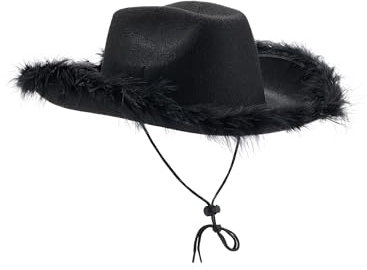 LYSINK Cowboyhut für Damen, flauschiger Pelzbesatz, Cowgirl-Hut, breite Krempe, hohe Kappe, Filz, Kuhhhüte, Rave-Junggesellenabschied-Zubehör, A-Black Fluff, Einheitsgröße