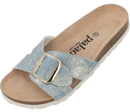 Palado Pantoletten Damen Tinos Jeans – elegante Sandalen Made in Spain - bequeme Hausschuhe mit Kork-Fußbett - modische Sommerschuhe Hellblau/Gold UK3,5 - EU36