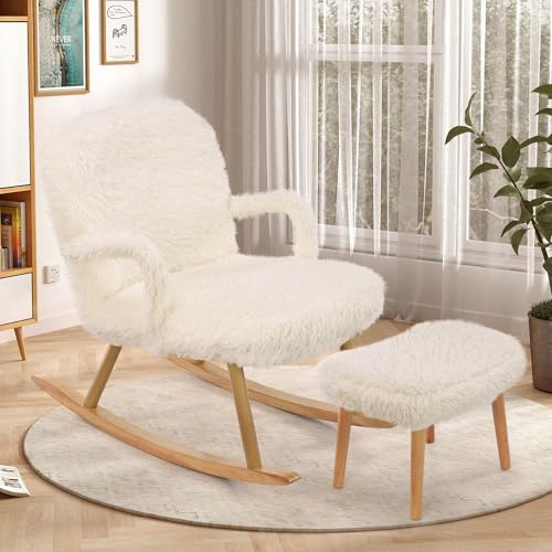 Générique Fauteuil à Bascule,Rocking Chair,Chaise à Bascule avec Polaire Sherpa,Fauteuil Allaitement,avec Pieds en Bois Massif pour Salon Chambre à Coucher,Bureau