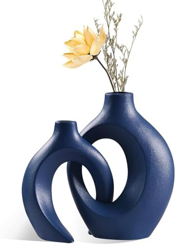 Anquephd Blau Hohle keramikvase 2er-Set, einzigartige runde Moderne Vase für nordische minimalistische Stil Dekoration, Donut Boho ästhetische Vase für Kaffee & Küche Tisch, Pampasgras.(Blau)