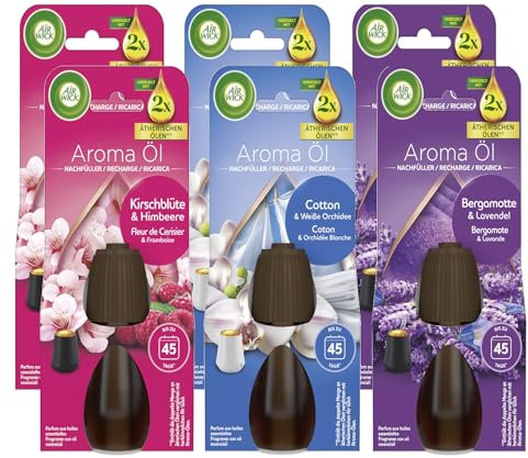 Air Wick Aroma-Öl Flakon - Mix-Pack Florale Düfte DUO - 2x20ml Cotton & Weiße Orchidee, 2x 20ml Bergamotte & Lavendel & 2x20ml Kirschblüte & Himbeere