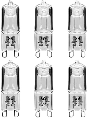 Tiryns 6 Pack G9 Halogen Light Bulbs 40W, 230V 2800K Capsule Bulb Dimmable 560lm Warm White for Cabinet Landscape Ceiling Lights Desk Floor Lamps Wall Sconces Chandeliers Ovens Microwave