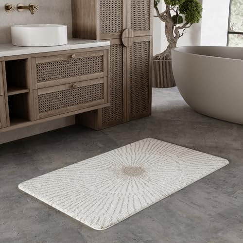 Wecon Home Jasbeer getufteter Badteppich, 55 x 65 cm, weiß beige | moderner Badezimmerteppich mit rutschhemmender Rückseite & waschbarem Komfort