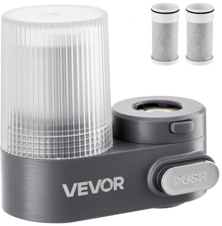VEVOR Filtro de Agua de Fibra de Carbono para Grifo de Fregadero Purificador de Agua Vertical 2 Modos Elimina Cloro Plomo con 3 Filtros Compatible con la Mayoría de Grifos de Cocina, Baño, Gris