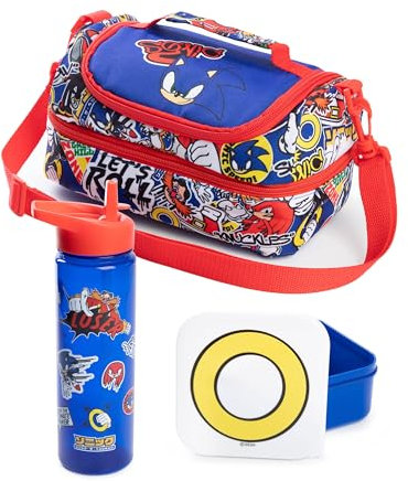 Sonic The Hedgehog Borsa porta pranzo blu con biberon e contenitore per snack dei Boys | Design del personaggio di Sonic Let's Roll | Spallacci regolabili | Articoli essenziali per il ritorno a scuola