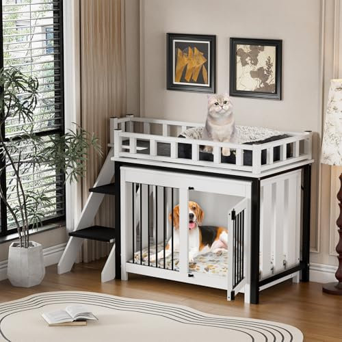 Hundebox Möbel mit Balkon Hundehütte im Möbelstil mit Mehrzweckdecke und flauschigem Hundebett Hundebox für Zuhause Moderne Indoor Hundezwinger mit Treppe für Kleine Mittele Hunde, 120x56x65CM
