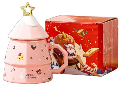 Generic Christmas Tree Ceramic Mug, Creative Cartoon Design, Large Capacity, Lid, and Spoon pink