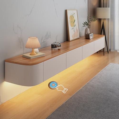 HYANXUE Floating TV Unit, Wall Mounted TV Cabinet, TV Media Console | Floating TV Cabinet Large Storage with Flip-Down Doors, Drawer & LED