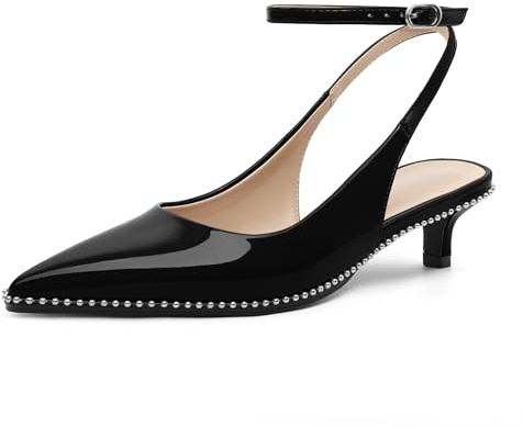 EDEFS Schwarz Slingpumps Damen Flacher Absatz – Lackierte Pumps mit trendigen Nieten, eleganter Spitzform und praktischem Slingback-Design EU42