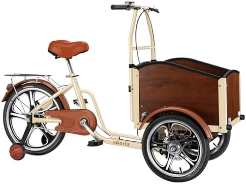 LSQXSS Dreirad mit umgekehrter Pedalunterstützung und vorderer Holzbox, Dreirad für Erwachsene mit Stützrädern zum Transport von Kindern und Haustieren, Scheibenbremsen, 3-Rad-Fahrrad