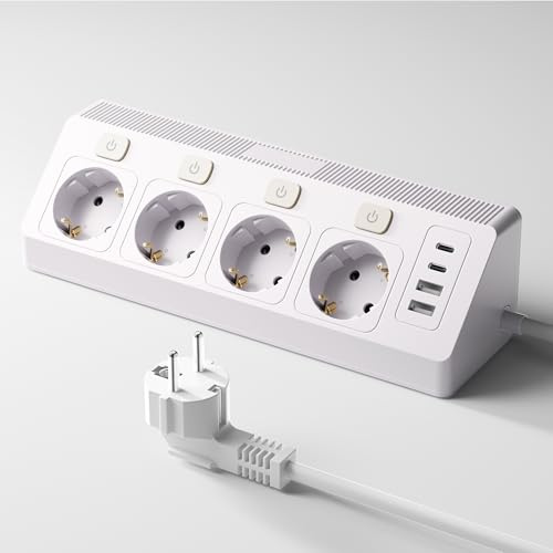 RIXGLEAM Ecksteckdose mit 2 USB und 2 Type-C, Desktop Steckdosenleiste, 16A/3840W Steckdosenleiste Wandmontage mit 2M Verlängerungskabel, 4 Fach Mehrfachsteckdose mit USB für Büro, Küche, Weiß
