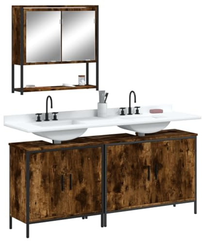 HETFTJN 3-teiliges Badmöbel-Set Räuchereiche 80/60 x 30 x 60 cm Holzwerkstoff mit Spiegelschrank platzsparend für kleines Badezimmer Wandmontage Modernes Design
