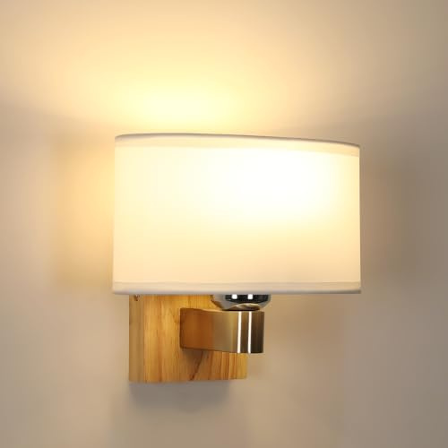 Mckalen Wandleuchte Holz Innen E27, Weiß Quadratische Wandlampe mit Stoff Lampenschirm, Vintage E27 Wandbeleuchtung Holz für Wohnzimmer Schlafzimmer Flur Esszimmer (Ohne Glühbirne)