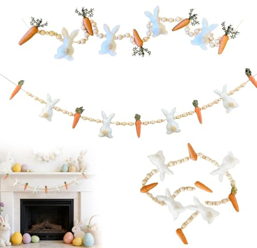 1m Ostergirlande mit Filz Osterhasen Holzperlen für Tisch Fenster Kaminsims Treppe Baum Frühling Ostern Haus Dekoration Osterdeko zum Aufhängen (Weiß Orange, One Size)