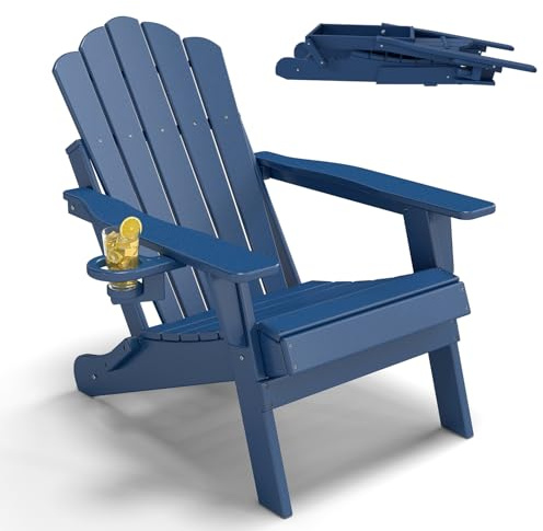 Freelawn Adirondack Chair Kunststoff, klappbar, Gartenstuhl Blau | HDPE Kunststoff, wetterfester Adirondack Stuhl mit Getränkehalter, ideal für Garten, Terrasse und Outdoor-Bereiche
