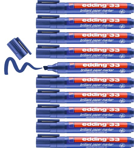edding 33 brilliant paper marker - blue - 10 waterproof permanent markers - chisel nib 1-5 mm - vibrant colours - lightfast marking on paper, card, cardboard, plastic, metal and glass