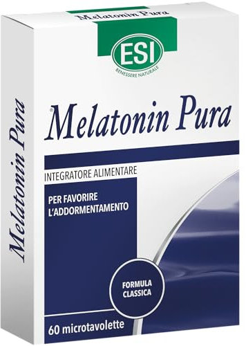 ESI - Melatonin Pura, Integratore Alimentare di Melatonina, Favorisce il Sonno e Contrasta gli Effetti del Jet Lag, Senza Glutine e Vegan, 60 Microtavolette