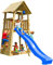 Blue Rabbit 2.0 Spielturm Belvedere mit Rutsche Kletterturm mit Kletterwand Glocke Sandkasten Lenkrad und Holzdach (Rutschenlänge 2,30 m, Blau)