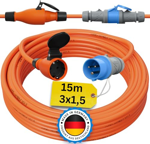 CEE auf Schuko Adapter 15m Camping Stromkabel H07BQ-F 3x1,5 Landstromkabel Wohnmobil Wohnwagen Kabel Camping Adapter 15 Meter Strom Verlängerungskabel CEE-Stecker Campingstecker