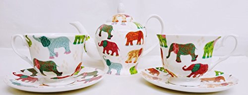 fromeuropewithlove Elephants Tea Set for Two Fine Bone China Hand Decorated in the UK Patched Multicolour Elephants Tea Set 1 Teapot 2 Cups & 2 Saucer Free UK Delivery
