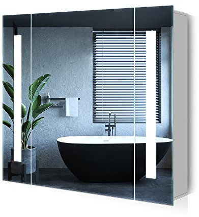 Quavikey® Bathroom Mirror Cabinets with Lights and Shaver Socket Grey Bathroom Storage Cabinet Wall Mounted with Shelf 650x600
