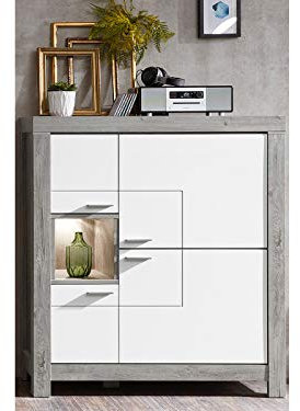 möbelando Highboard Anrichte Standschrank Kommode Beistellschrank Schrank Gravesend I Haveleiche/Lack Laminat Weiß supermatt