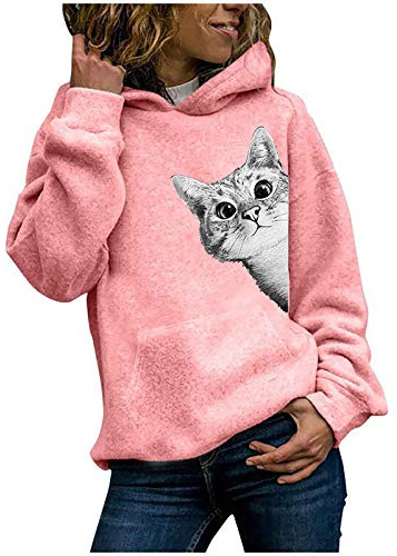 Onsoyours Damen Hoodie Kapuzenpullover Sweatshirt Langarmshirt Rundhals Lustiges Katzen Motive Drucken Hoodie Katzenpulli Casual Pulli mit Kordel und Taschen Herbst Winter B Rosa L