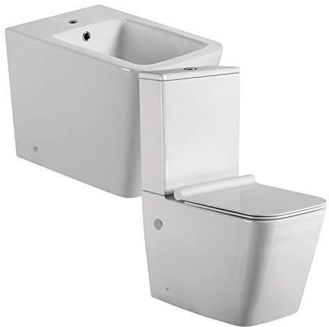 Pack Inodoro completo Cuadrado Fondo Reducido Rimless y Tapa Extrafina con caída Amortiguada + Bidet a Suelo de Baño Moderno - Cerámico Blanco a Juego con inodoro Cuadrado -Sin tapa y Fácil Limpieza