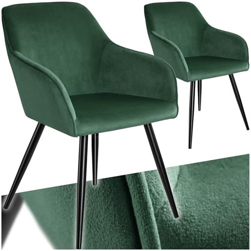tectake® 2er Set Esszimmer Stuhl, Esszimmerstühle mit Sitzfläche aus Samt, Armlehnstuhl, Sessel Wohnzimmer, gepolsterter Office Chair, Schminktisch Stuhl, gemütlicher Küchenstuhl - dunkelgrün/schwarz