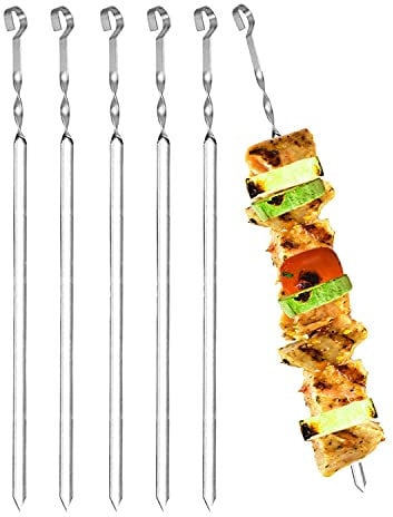 Kebab Skewers Set of 6 BBQ Flat Metal Barbecue Grilling Skewer Sticks Reusable Extra Long Wide Metal Skewer for Shish Kabob Kebab Meat Vegetables Twist Ring Tip Handle, 60cm