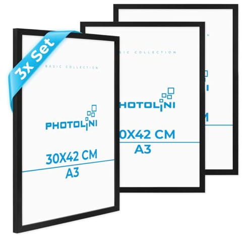 PHOTOLINI Bilderrahmen A3 Schwarz Holz MDF, 3er Set A3 Bilderrahmen 30x42 Holz MDF, DIN A 3 Rahmen mit Acrylglas, Picture Frame 42x30 zum Aufhängen, Rahmen 42 x 30 mit Zubehör für DINA3 Fotos, Poster