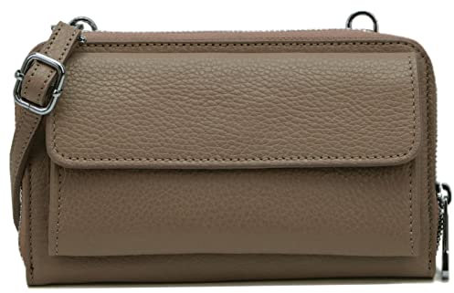 SH Leder Damen Handytasche Umhängetasche Geldbörse Multifunktion Beutel aus Echtleder Verstellbar Schultergurt Handy bis 6,7 Zoll 11,50x19cm Vera G368 (Dunkeltaupe)