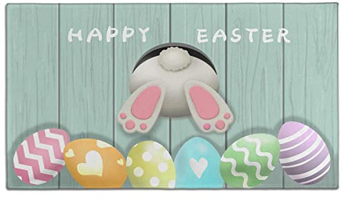 Dekorative Fußmatte für Ostern, Motiv: Ostereier, Hasenschwanz, für drinnen und draußen, rutschfeste Willkommensmatte, Happy Easter, Kaninchen-Eingang, Vorda, Dekoration, 76.2x43.2 cm