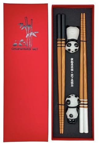 Sushi Essstäbchen Set Panda 2 Paar inklusive Keramik-Unterleger Premium Holz Nachhaltig Japanisch Chinesisch Koreanisch Taiwanesisch
