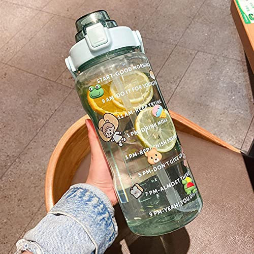 XKUN 2L Portátil De Gran Capacidad De Botella De Agua A Prueba De Agua A Prueba De Fugas Bpa A Prueba De Fugas Para Deportes Al Aire Libre Botella De Beber Con Paja-2.0L,Clear Green -Sticker