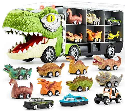 JOYIN 13 Pcs Dinosaur Toy Car Transporter for Kids, con 12 veicoli dinosauro retrattili, 1 camion trasporto dinosauri giocattolo con musica, suoni, luci, 1 elicottero