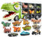 JOYIN 13 Pcs Dinosaur Toy Car Transporter for Kids, con 12 veicoli dinosauro retrattili, 1 camion trasporto dinosauri giocattolo con musica, suoni, luci, 1 elicottero