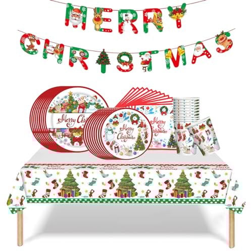 52 PCS Christmas Party Tableware Set, 10 Guests Disposable Plates, Napkins, Cups, Tablecloth and Merry Christmas Banner - Xmax Dinnerware Xmas Party Table Decorations