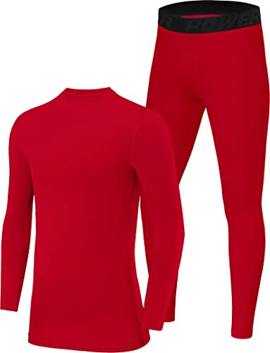 PowerLayer Skins for Boys Kids Base Layer Thermal Long Sleeve Top & Tights Football Compression Set - High Risk Red Top + High Risk Red Tights, 8-10 Years