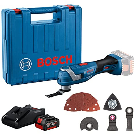 Bosch Professional System 18V: Akku-Multifunktionswerkzeug GOP 185-LI (1 GBA 18V 4.0Ah, Ladegerät GAL 18V-20, 2 Sägeblätter, 1 Schleifpapier, 1 Schleifplatte, 1 Schaber)