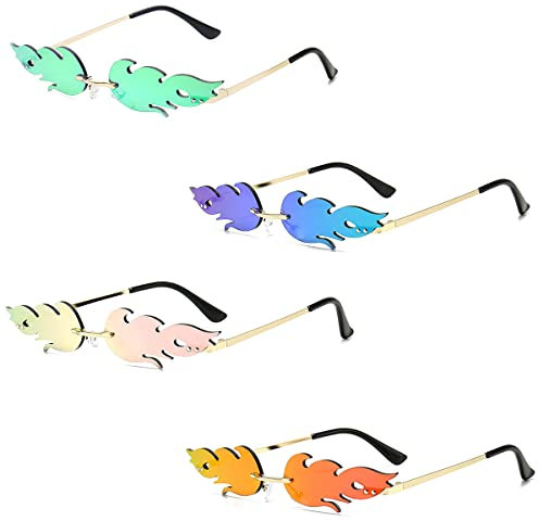 Waldspring Flammen Sonnenbrille 4 Stuck, Flammen Brille, Sonnenbrille Flammen für Party, Tänze, Karneval Orange, Rosa, Blau, Grün