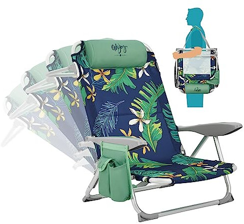 #WEJOY Faltbarer Strandkorb für Erwachsene, 4 Positionen Leichter Strandkorb, Niedriger Strandkorb mit Schultergurt, Getränkehalter und Kopfstütze, unterstützt 120.2 kg für Strand Rasen (Regenwald)