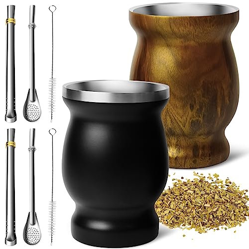 Artcome Lot de 8 tasses Yerba Mate en acier inoxydable – 2 tasses à double paroi en acier inoxydable de 250 ml, 4 bombillas (paille Yerba Maté), 2 brosses, faciles à nettoyer, solides et durables