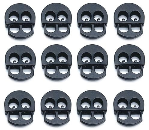 CHENNAN 12 Stück Kordelklemme Kordel Stopper mit 2 Loch rostfreie Feder Metall Kordelstopper Flach Button Loch Kordelklemme Stopper Schnellverschluss für Kleidung, Schuhe, Shorts, Rucksack (Schwarz)